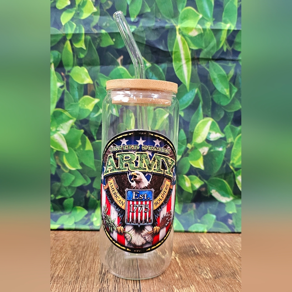 United States Army Glass Tumbler with Straw